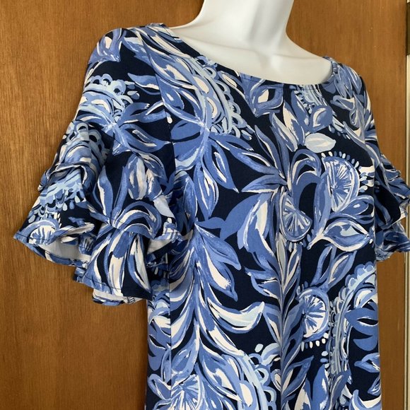 Lilly Pulitzer Shift Dress Short Ruffle Sleeves Blue Pink Tropical Print Size S - Picture 4 of 7